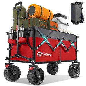 Sekey 220L Collapsible Foldable Wagon with 330lbs Weight Capacity, Heavy Duty Folding Utility Garden Cart with Big All-Terrain Beach Wheels & Drink Holders.