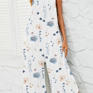 Shiny Printed Scoop Neck Wide Leg Jumpsuit