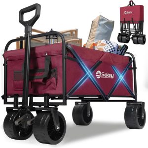 Sekey Heavy Duty Foldable Wagon with 220lbs Weight Capacity, Collapsible Folding Utility Garden Cart with Big All-Terrain Beach Wheels & Drink Holders.