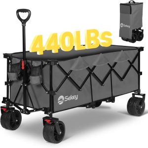 Sekey 48''L Collapsible Foldable Extended Wagon with 440lbs Weight Capacity, Heavy Duty 300L Folding Utility Garden Cart with Big All-Terrain Beach Wheels & Drink Holders.