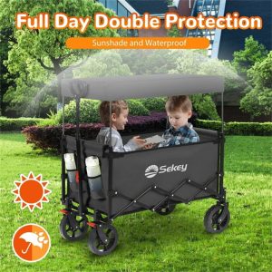 Sekey 330lbs Collapsible Folding Wagon with Removable Canopy, Upgraded 20% Thicker Steel Pipes Outdoor Utility Wagon