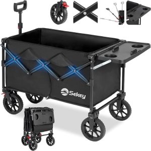 Sekey 250L Collapsible Wagon with Folding Table and Drink Holders, Foldble Beach Wagon with All-Terrain Wheels Load up to 330LBS for Shopping, Camping, Sports.
