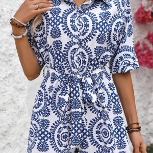 Tied Printed Short Sleeve Romper
